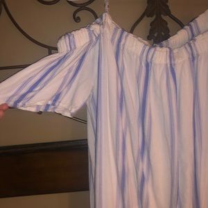 White Blouse with Blue Stripes Off the Shoulder
